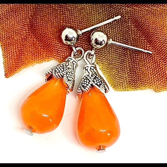 Orange Chalcedony Stone Teardrop Bali Drop Earring - Picture 2 of 5